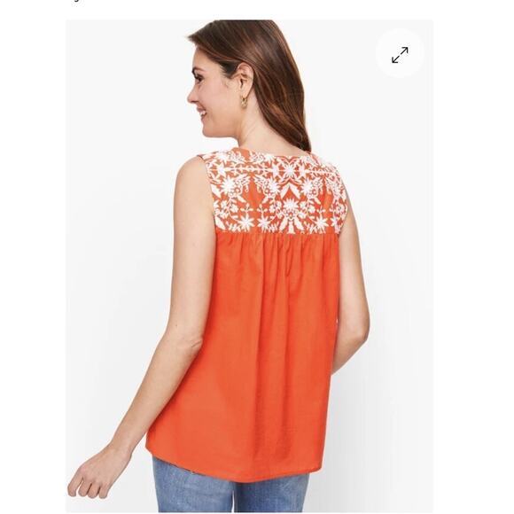 Talbots Orange White Floral Embroidery Voile Shell Top Sleeveless 100% Cotton Mp - Picture 2 of 10